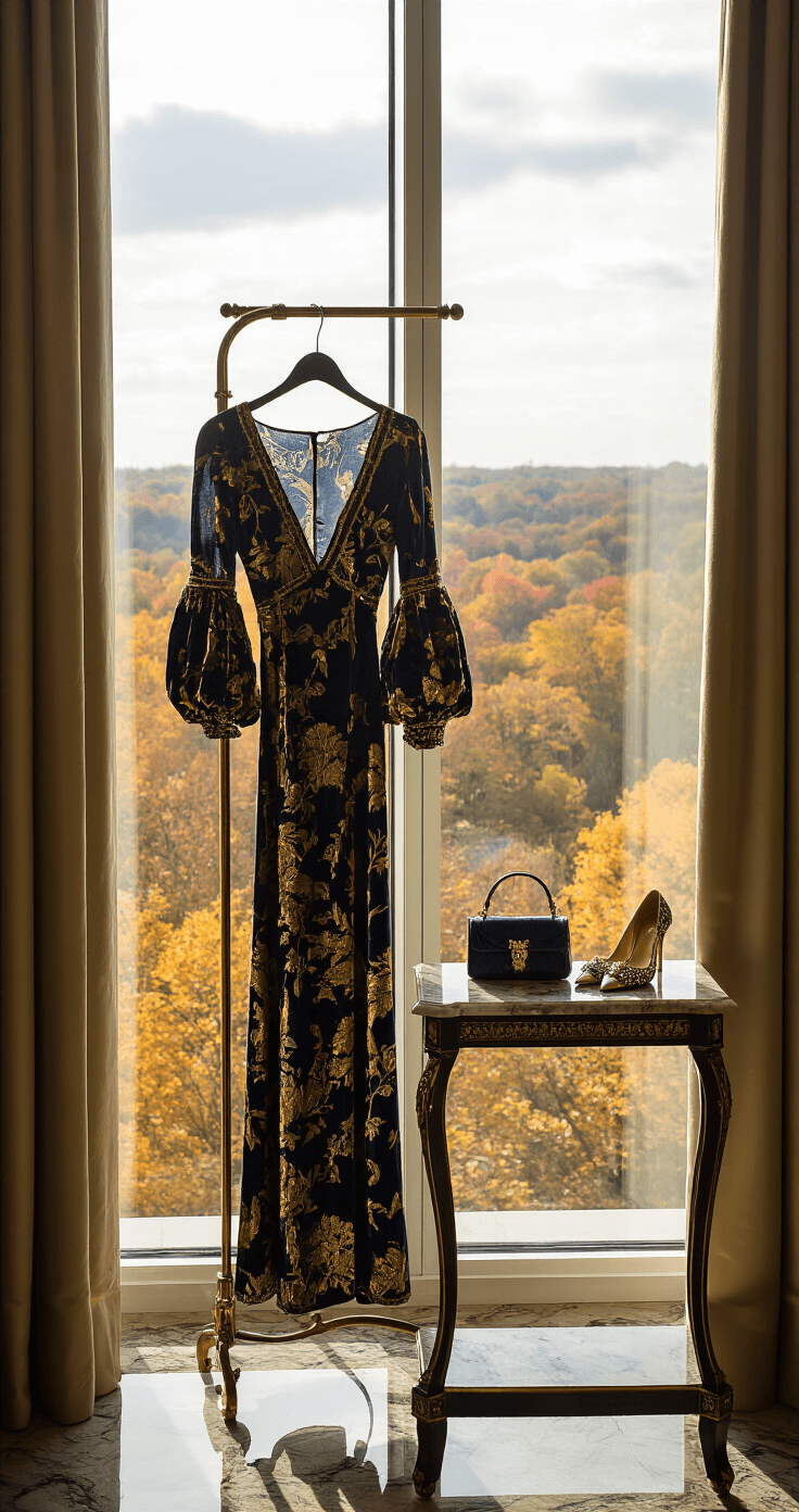 Fall Wedding Guest Dresses With Sleeves: Your Complete Style Guide for 2025 Luxurious hotel suite featuring a navy and gold printed velvet dress on an ornate dressing screen, with floor-to-ceiling windows showcasing fall foliage. A marble-top dresser displays designer accessories including embellished pumps and a vintage evening bag, all illuminated by dramatic late afternoon light.