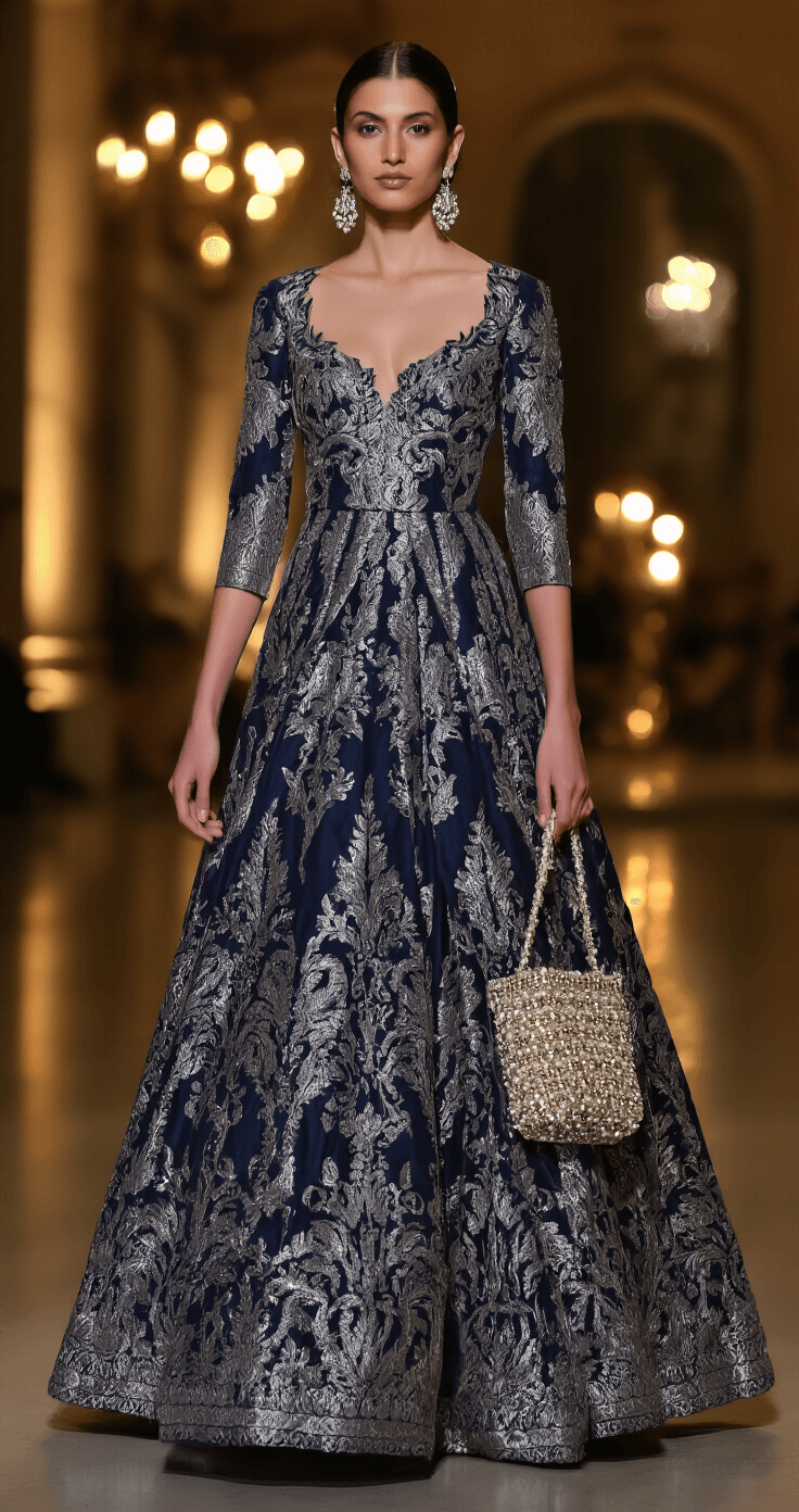 Fall Wedding Guest Dresses for Women Over 50: Your Ultimate Style A woman in a navy and silver jacquard gown with three-quarter sleeves stands in a candlelit evening venue, showing off the dress's flattering silhouette and luxurious texture, accessorized with vintage drop earrings and a beaded evening bag.