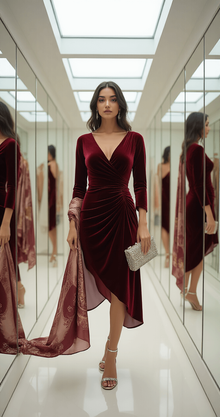 Fall Wedding Guest Dresses for Women Over 50: Your Ultimate Style A woman in a knee-length burgundy velvet dress stands in a bright, modern dressing room with floor-to-ceiling mirrors, showcasing the dress's rich texture. Natural daylight from skylights highlights the scene, which includes a crystal-embellished clutch, metallic sandals, and a silk shawl in complementary tones.