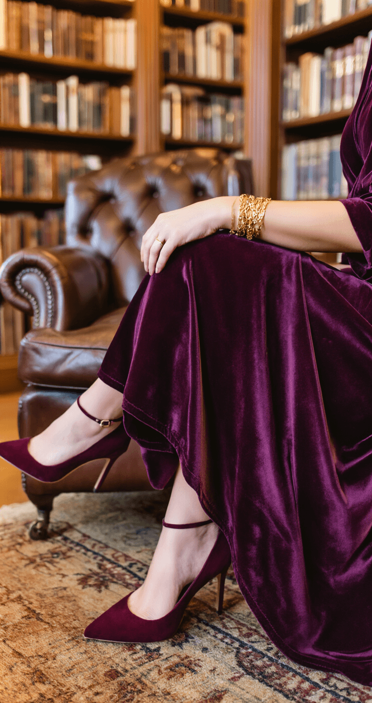 Fall Wedding Guest Style: Your Ultimate Guide to Cocktail Dress Shopping Close-up of deep plum velvet dress fabric resting against vintage leather chairs in a cozy library, showcasing texture interplay. A stack of gold bracelets and burgundy suede pumps are included in the frame, illuminated by warm library lighting.
