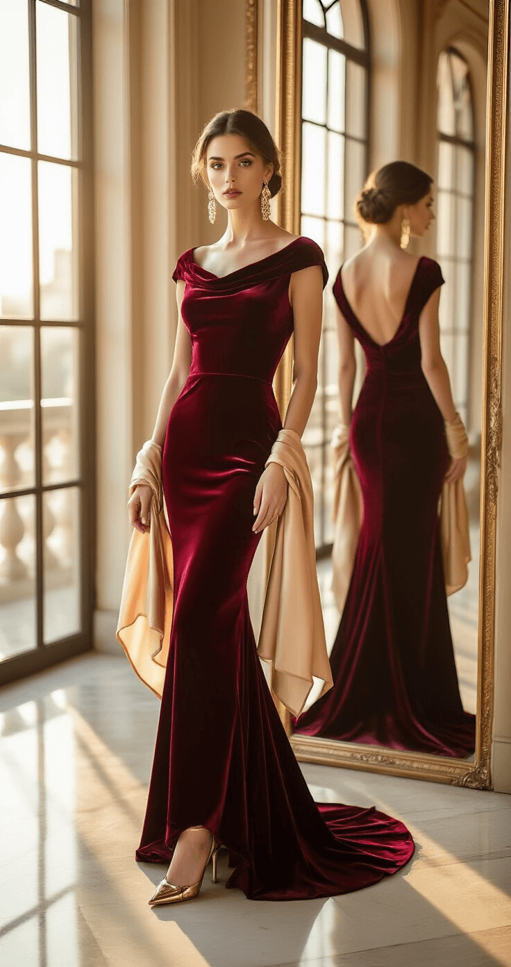 Fall Black Tie Wedding Guest Dresses: Your Ultimate Style for 2024 Sophisticated woman in a burgundy velvet gown poses by ornate mirrors in an elegant hotel ballroom, golden hour light streaming through large windows, hair in a classic updo, vintage gold earrings, and a champagne silk wrap draped over her arms.