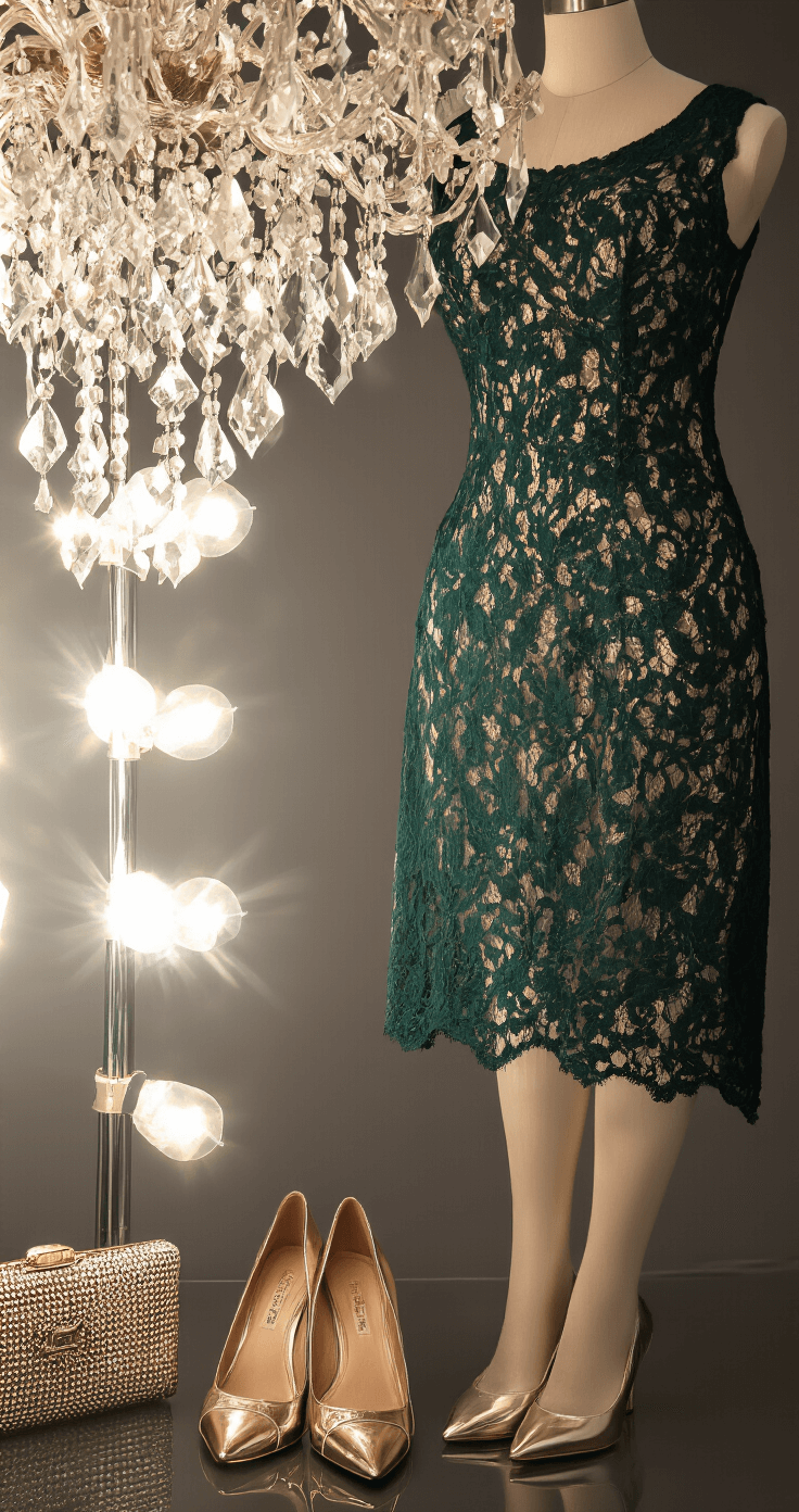 The Perfect Fall Wedding Guest Dress Intimate boutique fitting room featuring a deep green lace midi dress with nude lining on a body form, illuminated by professional studio lighting. A crystal-drop chandelier casts intricate light patterns on the dress, with metallic heels and a vintage-inspired clutch elegantly arranged below. Macro lens captures stunning fabric details.