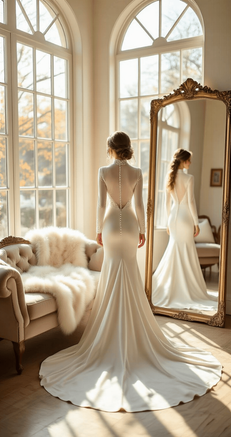 Winter Wedding Dress: Staying Warm & Stylish on Your Big Day A bride admires herself in a luxurious long-sleeve velvet wedding gown with a high neck and button details, surrounded by sunlit boutique decor and a plush cream faux fur wrap on a velvet settee.