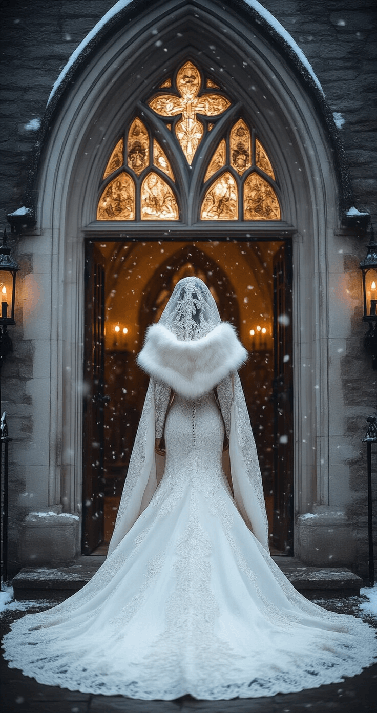 Winter Wedding Dress: Staying Warm & Stylish on Your Big Day Ethereal church entrance at dusk, featuring soft snowfall visible through gothic windows. A bride in a royal-inspired brocade gown with long fitted sleeves and a dramatic train stands with a fur-trimmed hooded cape, illuminated by moody candlelight.