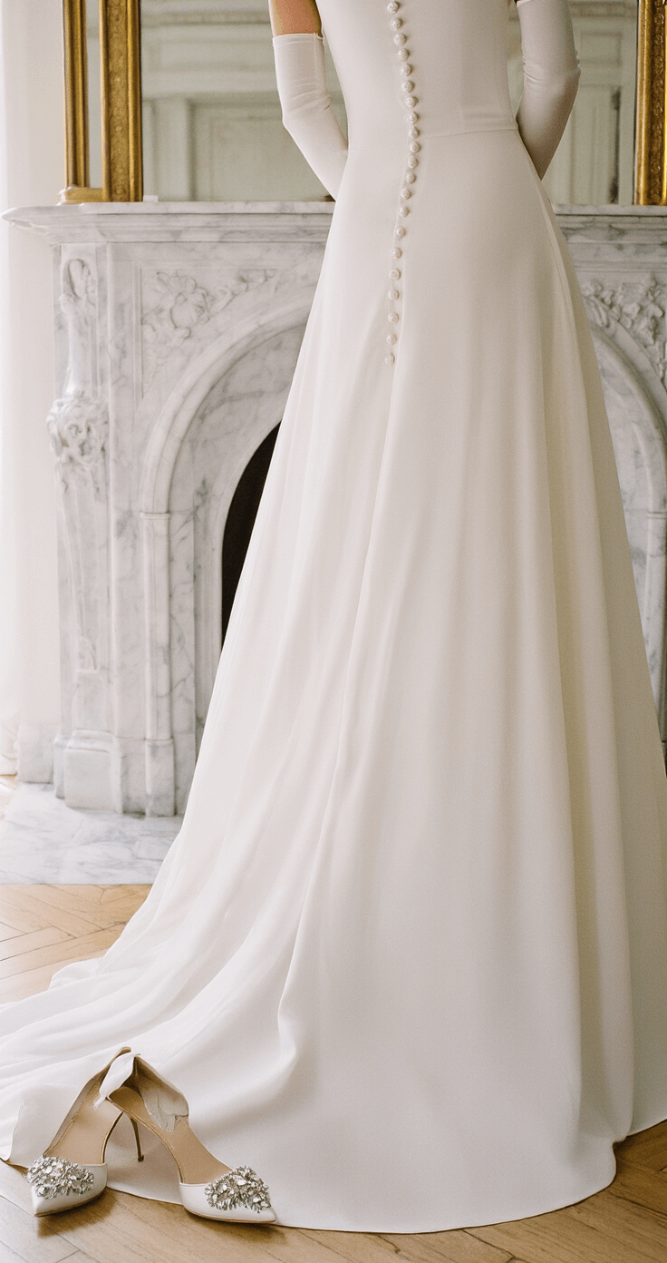 Winter Wedding Dress: Staying Warm & Stylish on Your Big Day Close-up of a bride in a high-neck silk crepe gown with pearl buttons, showcasing a thermal slip at the hem, classic long gloves, and crystal-embellished closed-toe pumps, set against a minimalist bridal suite with a marble fireplace backdrop.