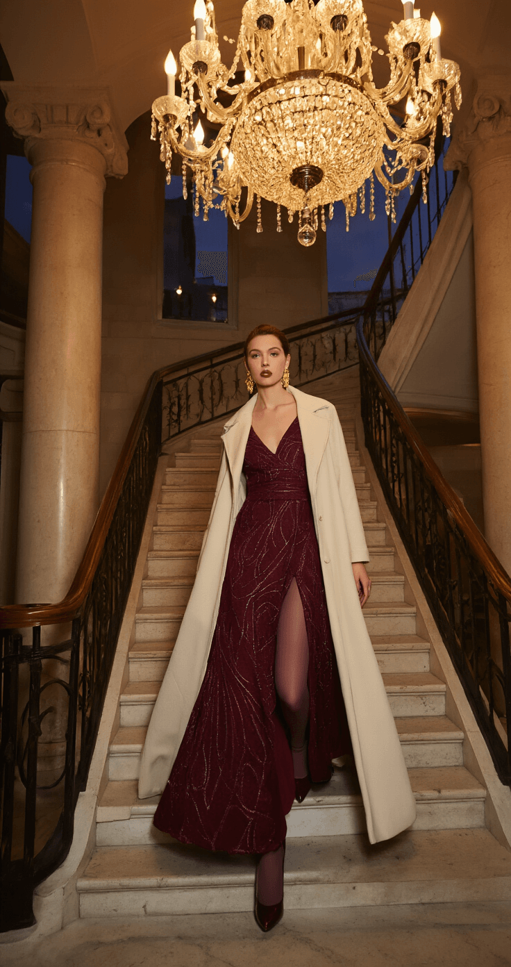 Winter Wedding Guest Style A model descends a grand staircase in a burgundy brocade A-line gown with metallic threading, complemented by a cream wool coat. Flesh-tone thermal tights are visible through a slit in the gown. The scene features warm chandelier lighting and a wide shot capturing the sophisticated ballroom architecture, with the model wearing gold statement earrings and deep wine patent leather pumps.