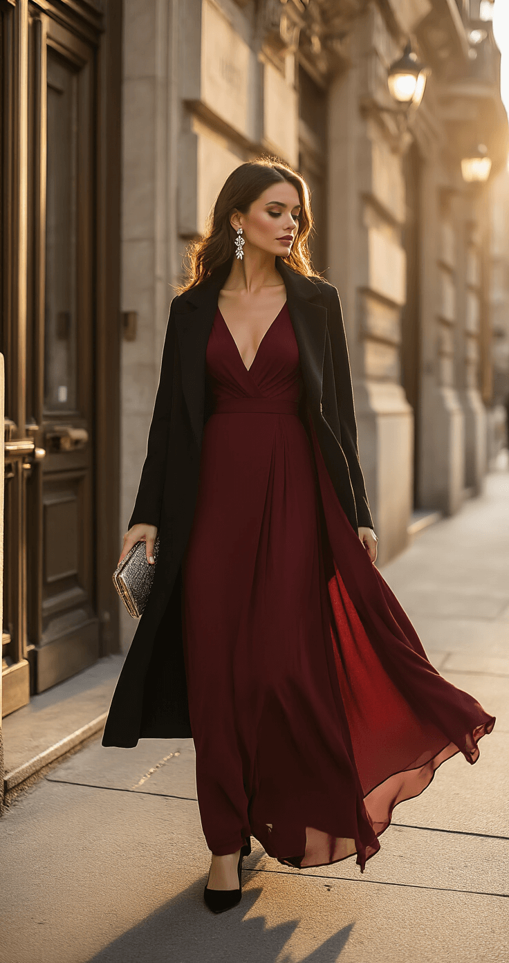 Winter Wedding Guest Dresses: Your Ultimate Guide to Cold-Weather Elegance A wedding guest in a flowing burgundy maxi dress and tailored black wool coat stands outside a historic venue during golden hour, with crystal drop earrings and a metallic clutch, captured from a low angle to highlight her dress and a soft backlight creating a halo effect.