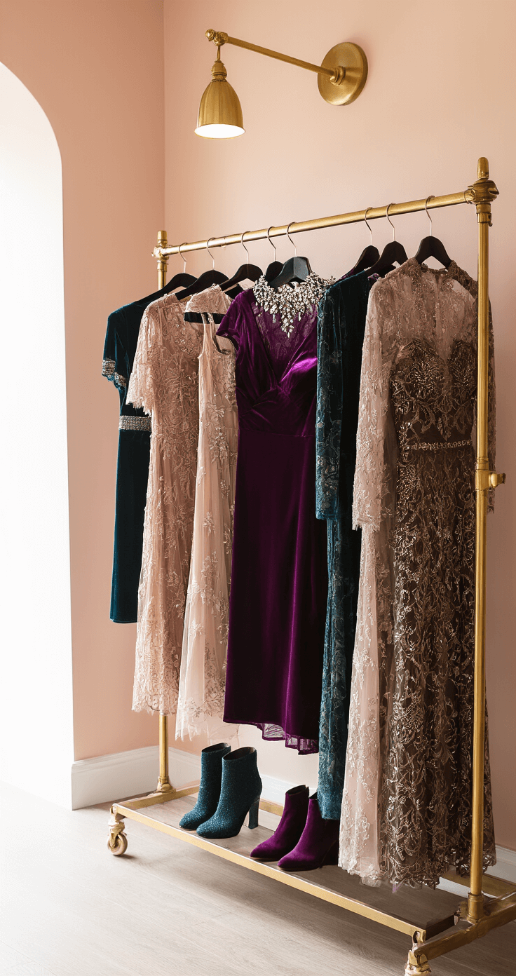Winter Wedding Guest Dresses: Your Ultimate Guide to Cold-Weather Elegance Chic boutique dressing room with blush walls and brass fixtures, featuring a luxury rack displaying winter wedding guest dresses in jewel tones, metallics, and lace. A stunning deep amethyst tea-length dress is paired with crystal-embellished boots, illuminated by natural light and warm spotlighting to highlight the fabric textures.