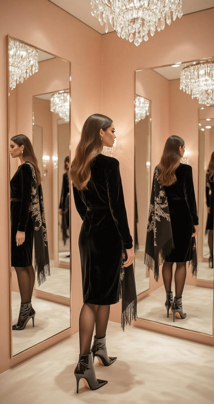 Winter Wedding Guest Dresses: Your Ultimate Guide to Cold-Weather Elegance A model in a luxurious private shopping suite, wearing a black velvet midi dress and metallic pointed boots, examines herself in a three-way mirror, surrounded by champagne-colored walls and elegant crystal lighting, with a coordinating embellished shawl nearby.