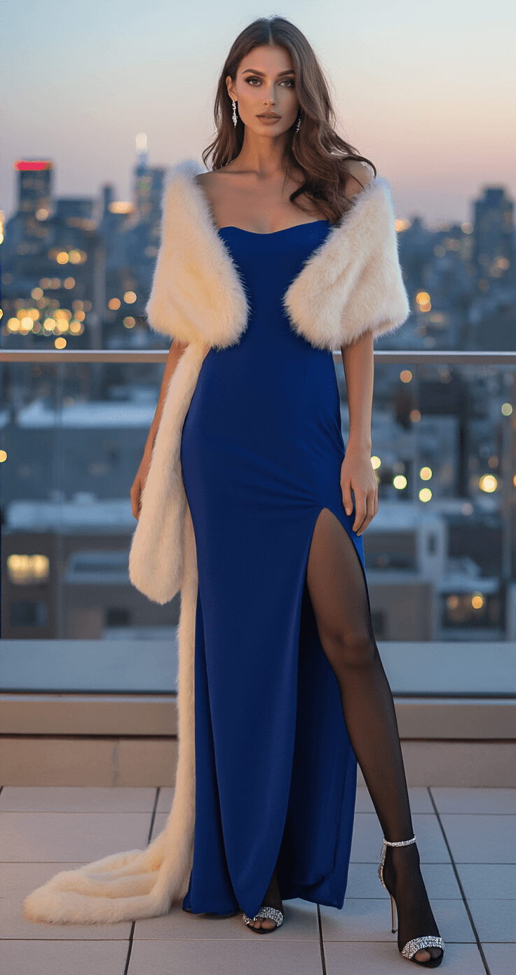 Winter Wedding Guest Outfits: A Style Guide for Looking Fabulous (While Staying Warm!) Model in a sapphire blue maxi dress with a side slit, wearing a cream faux fur stole, black sheer tights, and crystal-embellished heels, poses on an urban rooftop terrace at dusk with city lights twinkling in the background.