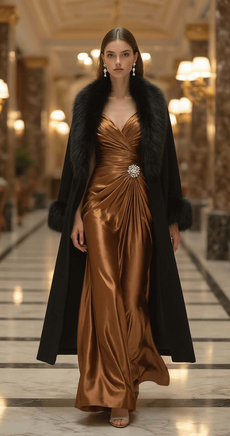 Winter Wedding Guest Outfits: A Style Guide for Looking Fabulous (While Staying Warm!) An elegant hotel lobby with marble floors and vintage mirrors features a model in motion wearing a bronze satin gown with intricate pleating and a black wool coat with a fur collar. She accessorizes with pearl drop earrings and a vintage crystal brooch, all highlighted by warm interior lighting that emphasizes the gown's metallic sheen.
