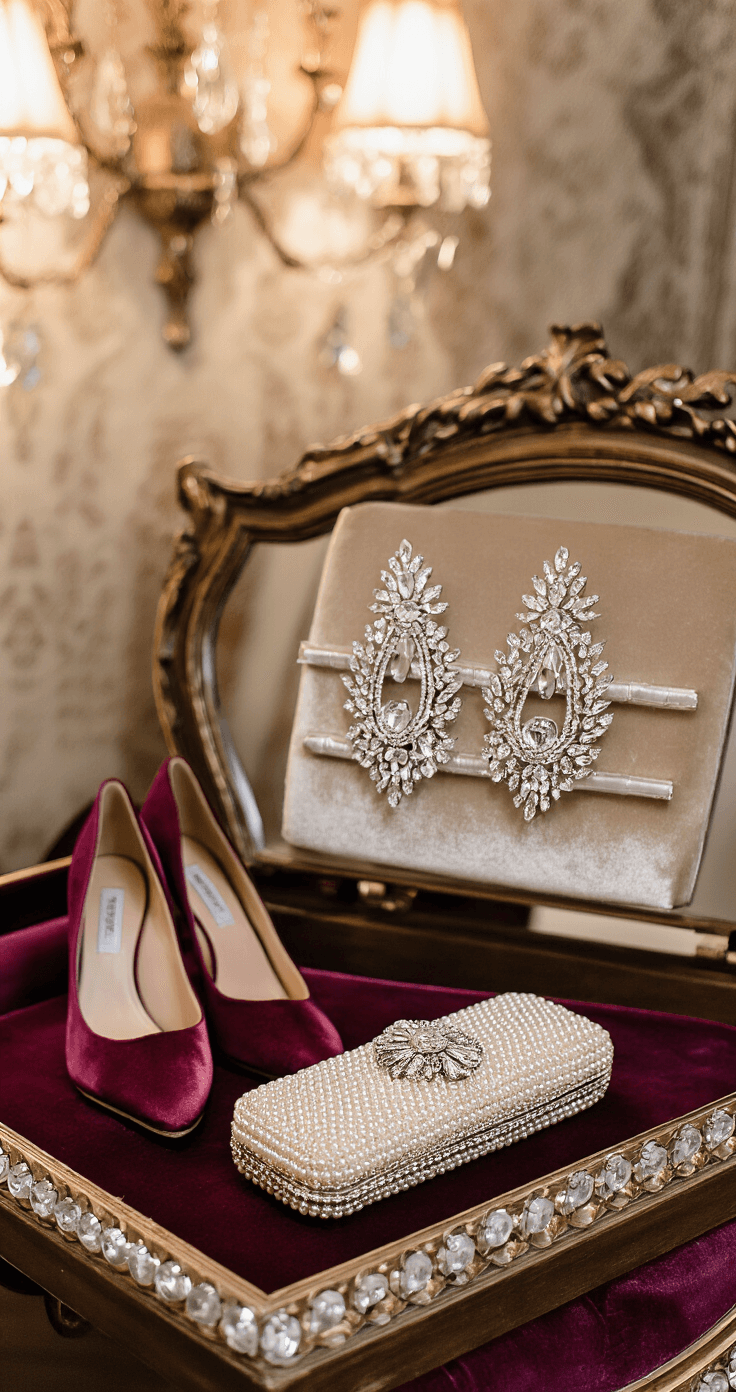Winter Wedding Guest Outfits: A Style Guide for Looking Fabulous (While Staying Warm!) Close-up of an elegant boutique dressing room showcasing winter wedding accessories on a velvet tray, featuring crystal hair clips, art deco earrings, and a pearl clutch, alongside burgundy velvet pumps, all accented by soft, diffused lighting.