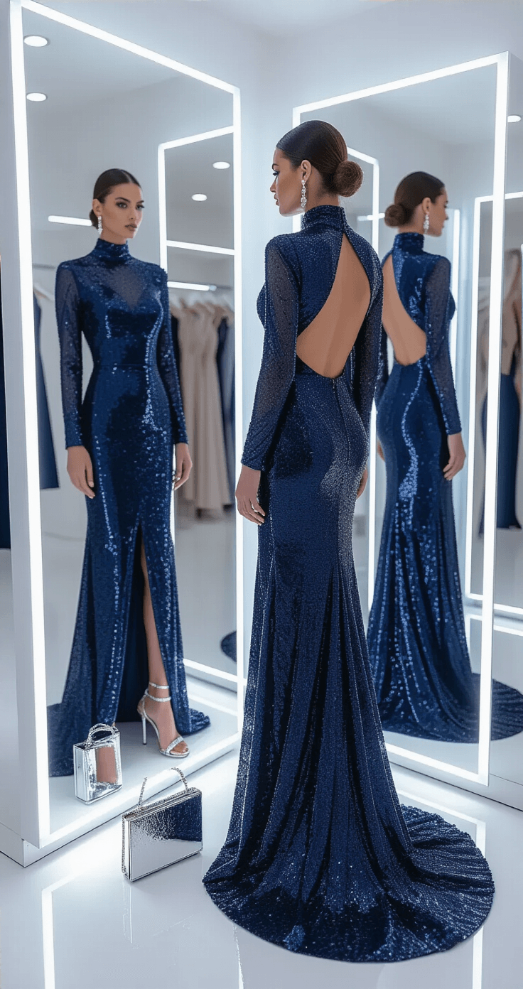 WHAT TO WEAR TO A BLACK TIE WINTER WEDDING: YOUR COMPLETE STYLE GUIDE A model trying on a navy blue sequined gown with a high neck and long sleeves in a modern boutique fitting room, illuminated by diffused daylight, with silver strappy heels, a mirrored evening bag, and diamond jewelry nearby, captured in a three-way mirror setup.