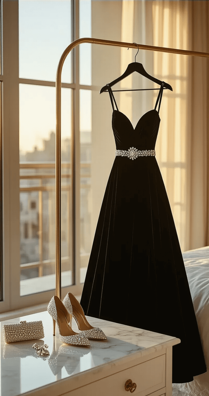 WHAT TO WEAR TO A BLACK TIE WINTER WEDDING: YOUR COMPLETE STYLE GUIDE A cozy winter bedroom bathed in golden hour light, featuring a black velvet ball gown on a brass rack, metallic heels below, and a white marble dresser adorned with accessories like drop earrings, a beaded clutch, and a silver hair clip, with large windows letting in warm sunlight.