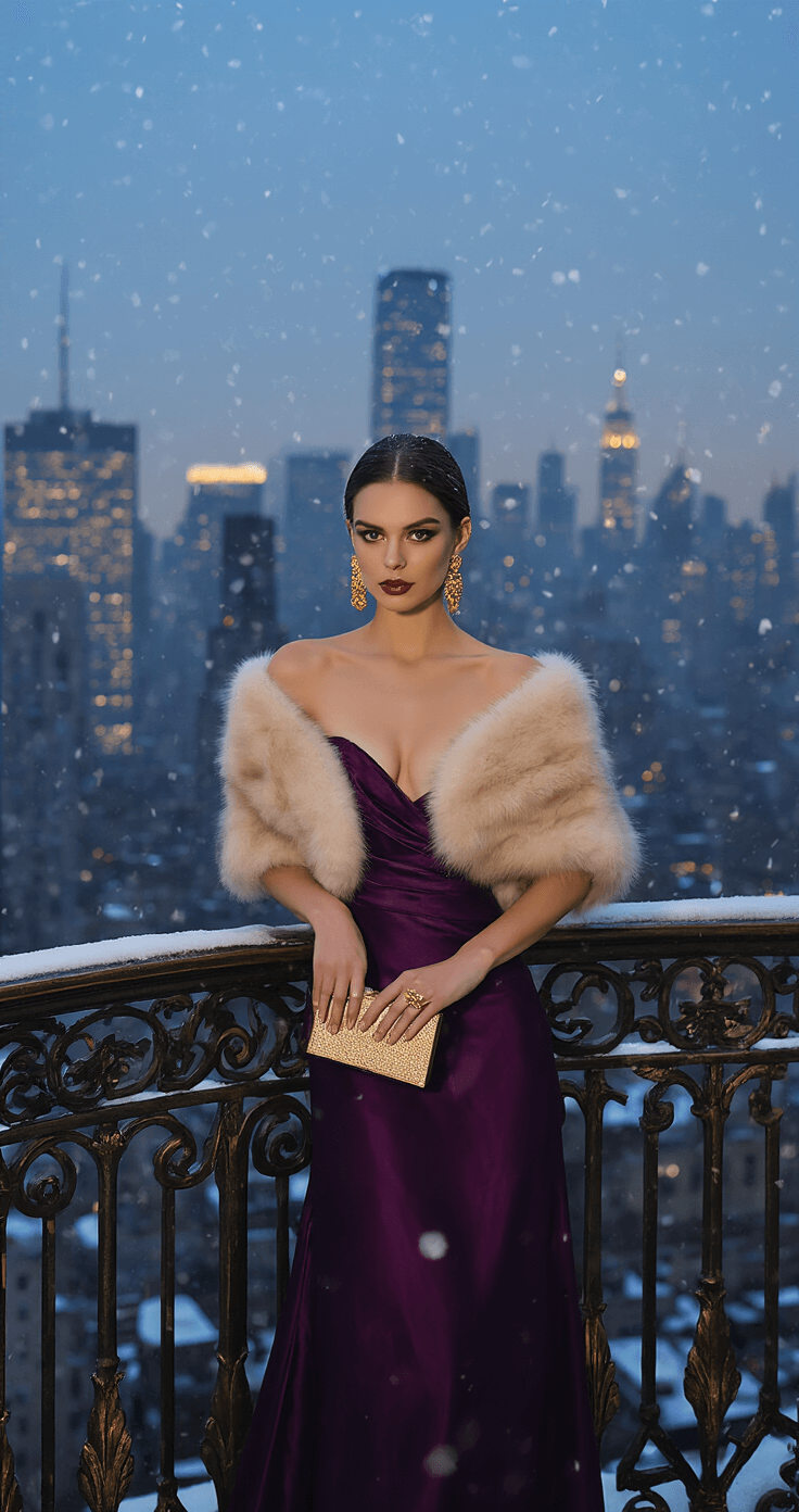 WHAT TO WEAR TO A BLACK TIE WINTER WEDDING: YOUR COMPLETE STYLE GUIDE A model in a deep purple silk gown leans against an ornate balcony railing, with twinkling city lights behind her and gentle snow falling. She wears a champagne-colored fur stole, gold statement earrings, and holds a metallic box clutch. The shot captures the dramatic skyline at dusk with a blend of natural and artificial lighting.