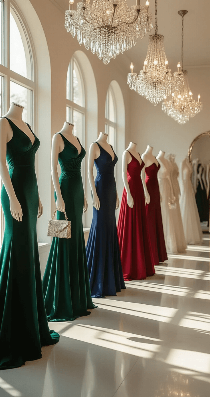 WHAT TO WEAR TO A BLACK TIE WINTER WEDDING: YOUR COMPLETE STYLE GUIDE A minimalist bridal boutique interior bathed in morning light, featuring a collection of winter formal gowns in rich jewel tones—emerald, sapphire, and ruby—displayed on elegant mannequins with coordinating metallic shoes, evening bags, and statement jewelry. Crystal chandeliers overhead illuminate the space with prismatic light patterns.