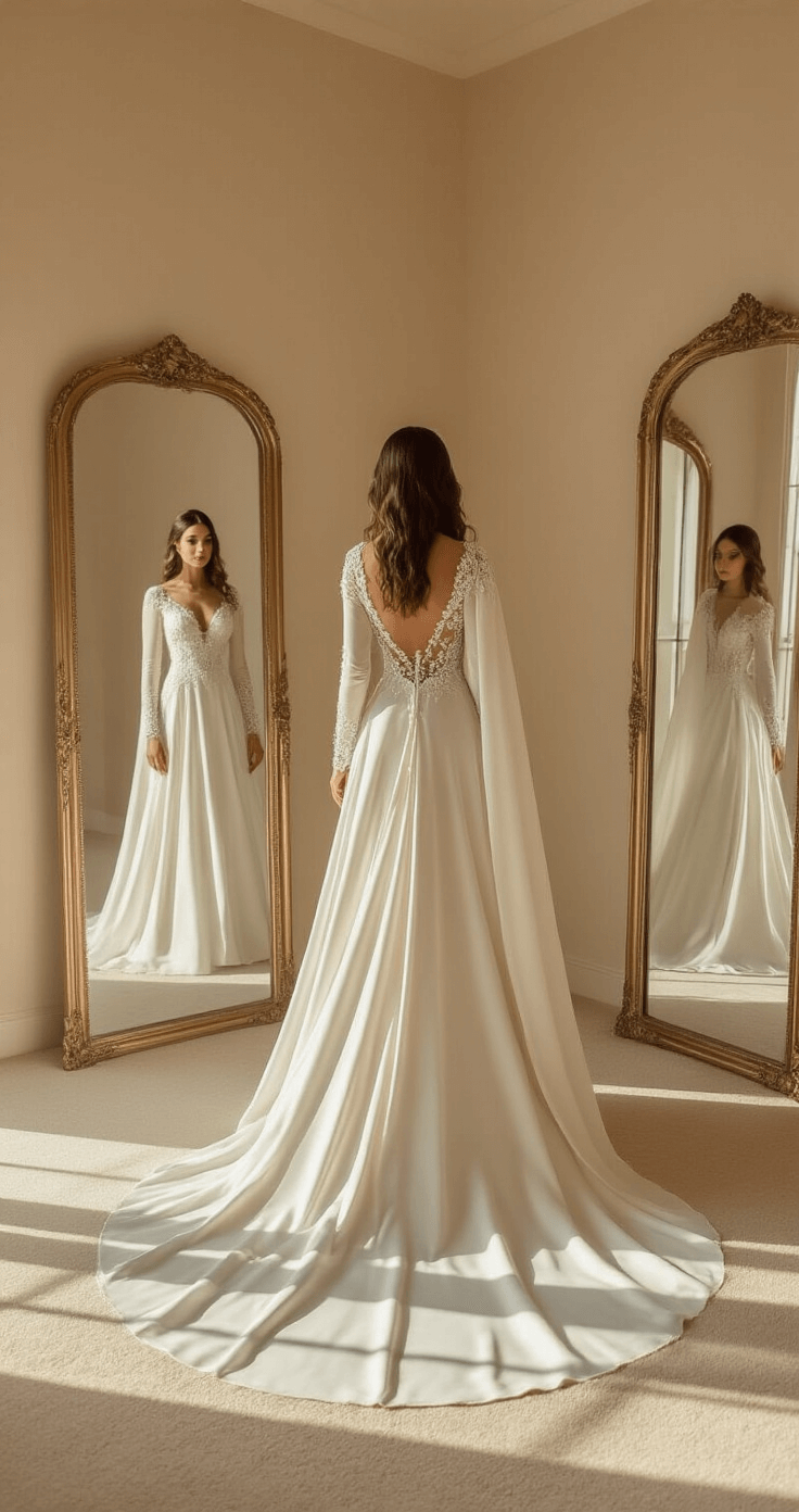 Winter Wedding Dress: What to Wear & How to Style It A luxurious bridal boutique interior with a bride-to-be admiring herself in a triple mirror, wearing a floor-length winter white velvet wedding gown with intricate beading and a cathedral-length velvet cape, bathed in warm afternoon light.