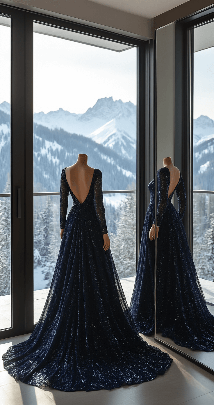 Winter Wedding Dress: What to Wear & How to Style It A wedding guest trying on a midnight navy sequined gown in a contemporary penthouse dressing room with floor-to-ceiling windows, overlooking snowy mountains. The gown sparkles in the morning light, paired with gold strappy heels and a delicate gold bracelet, captured in a full-length reflection using natural light.
