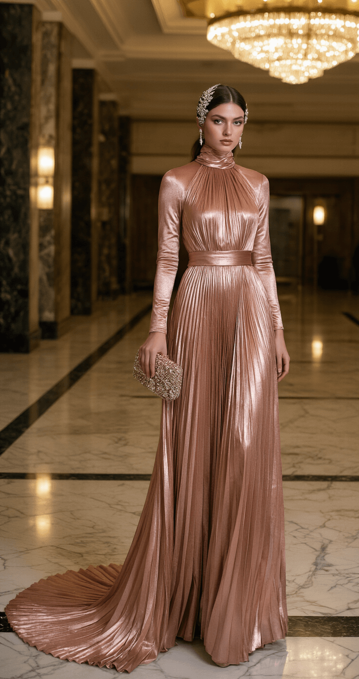 Winter Wedding Dress: What to Wear & How to Style It A glamorous guest in a rose gold metallic pleated gown stands in an art deco-inspired hotel lobby with marble floors and gilded details, showcasing a crystal-embellished hairpiece and clutch, illuminated by evening lighting.