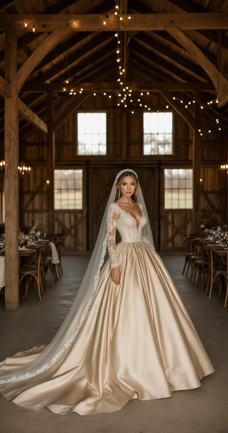 Winter Wedding Dress: What to Wear & How to Style It A bride in a champagne-colored satin ball gown with long sleeves and a textured bodice stands elegantly in a rustic-luxe barn venue, adorned with exposed wooden beams and glowing string lights. She wears a pearl-adorned cathedral veil and cream leather boots, illuminated by golden hour light streaming through barn windows, capturing her natural movement in a photojournalistic style.