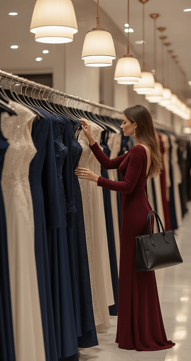 The Ultimate Formal Winter Wedding Guest Dresses: Stay Warm & Chic in Style A sophisticated woman examines a rack of winter wedding guest dresses in a high-end department store, with deep navy and burgundy gowns illuminated by soft pendant lighting, while a black leather designer tote rests beside her.