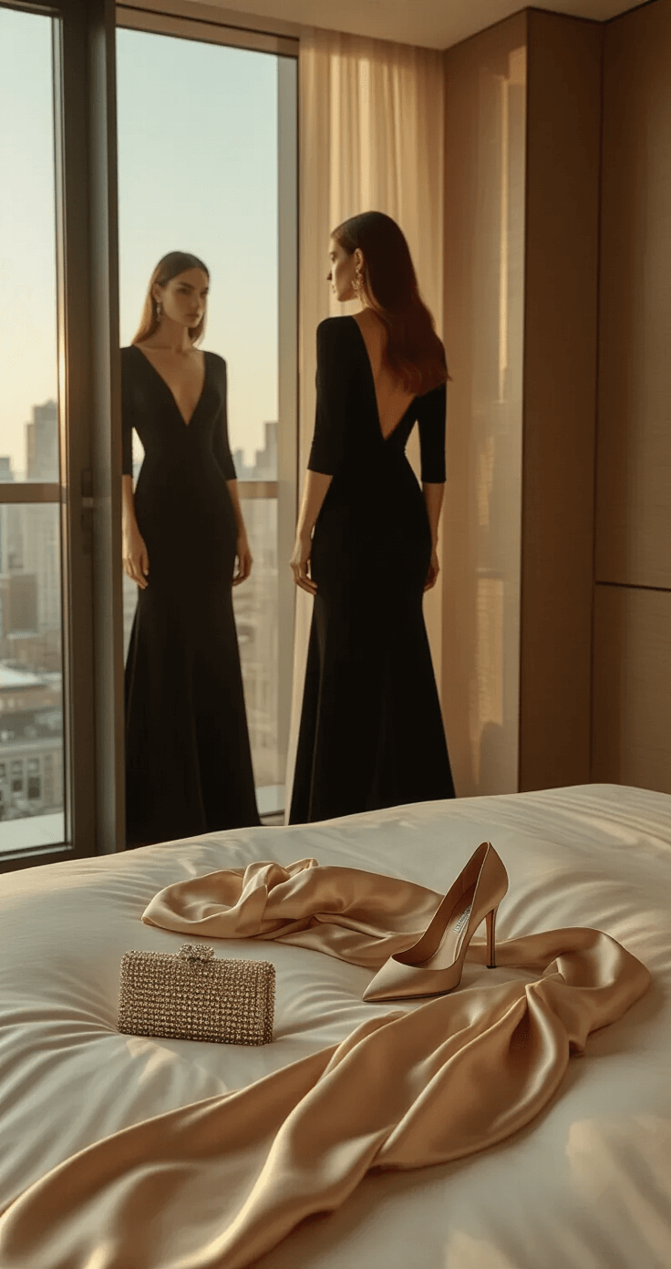 The Ultimate Formal Winter Wedding Guest Dresses: Stay Warm & Chic in Style A woman in a floor-length black crepe gown stands before a full-length mirror in a chic urban master bedroom, illuminated by late afternoon light. On the bed, an arrangement of accessories includes a crystal-embellished clutch, nude heels, and a champagne silk wrap, creating an intimate atmosphere.