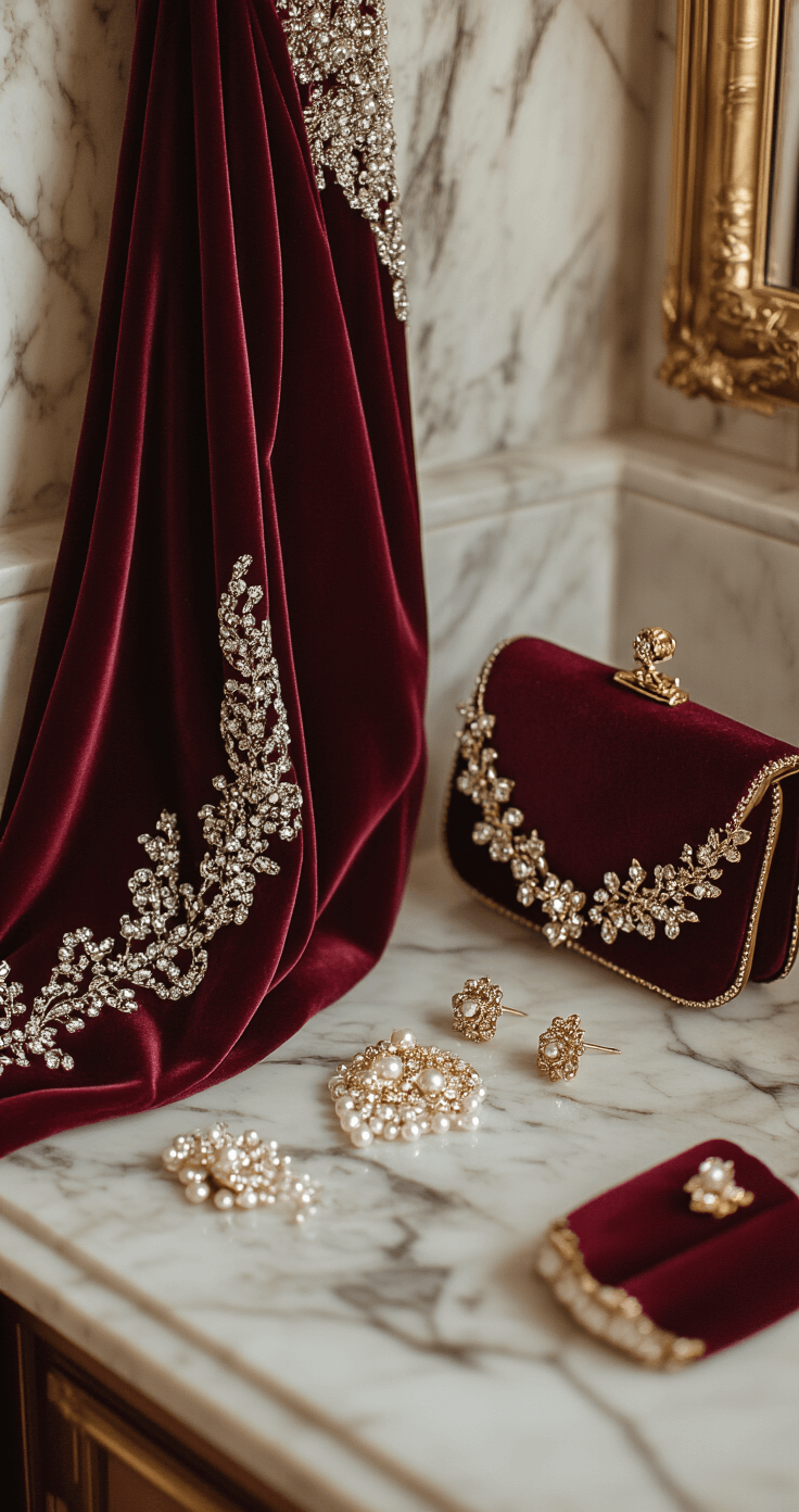 The Ultimate Formal Winter Wedding Guest Dresses: Stay Warm & Chic in Style A close-up of a luxurious marble bathroom showcasing a burgundy velvet gown with delicate beading hanging from a gilded hook, surrounded by elegant winter wedding accessories including pearl hair pins, gold statement earrings, and a vintage-inspired evening bag, all highlighted by soft, diffused lighting that emphasizes the rich fabric textures.