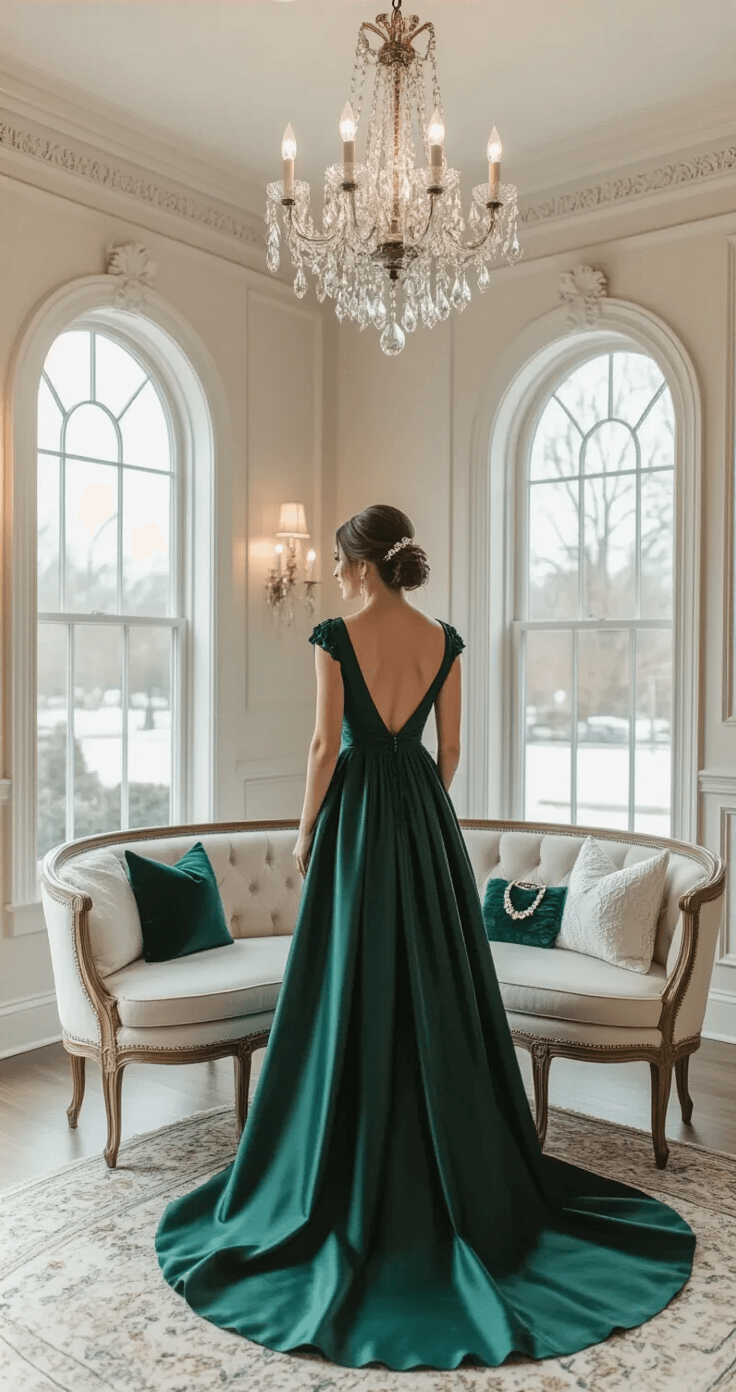 The Ultimate Formal Winter Wedding Guest Dresses: Stay Warm & Chic in Style A winter wedding guest trying on a deep emerald heavy silk dress in an upscale bridal boutique's elegant private styling area, featuring crown molding and crystal chandeliers, with natural light illuminating the dress.