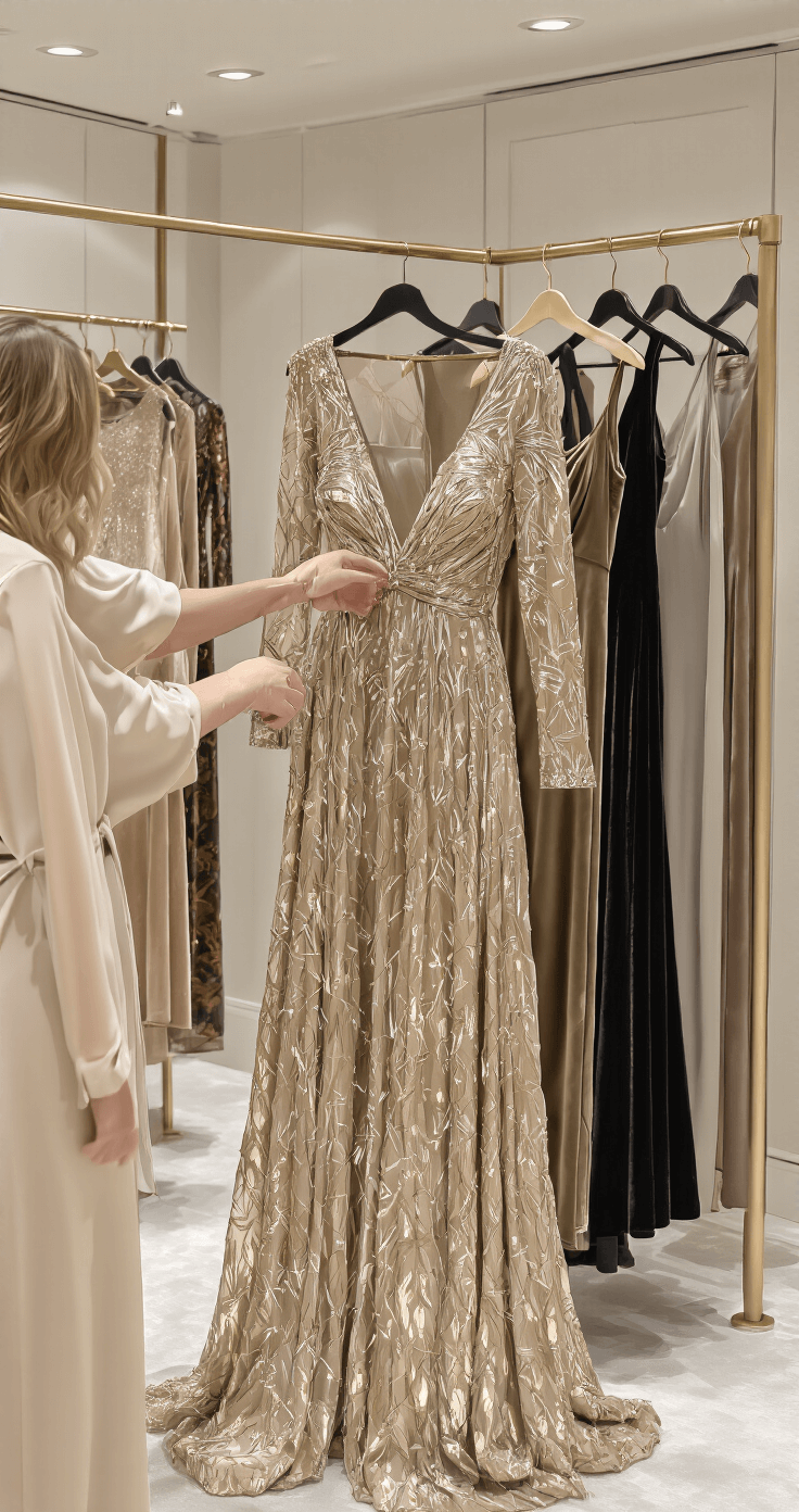 The Ultimate Formal Winter Wedding Guest Dresses: Stay Warm & Chic in Style A woman elegantly examines winter gowns in a minimalist dressing room, with a focus on a stunning floor-length metallic gold dress on a brass rack, surrounded by plush fabrics and soft, even lighting.