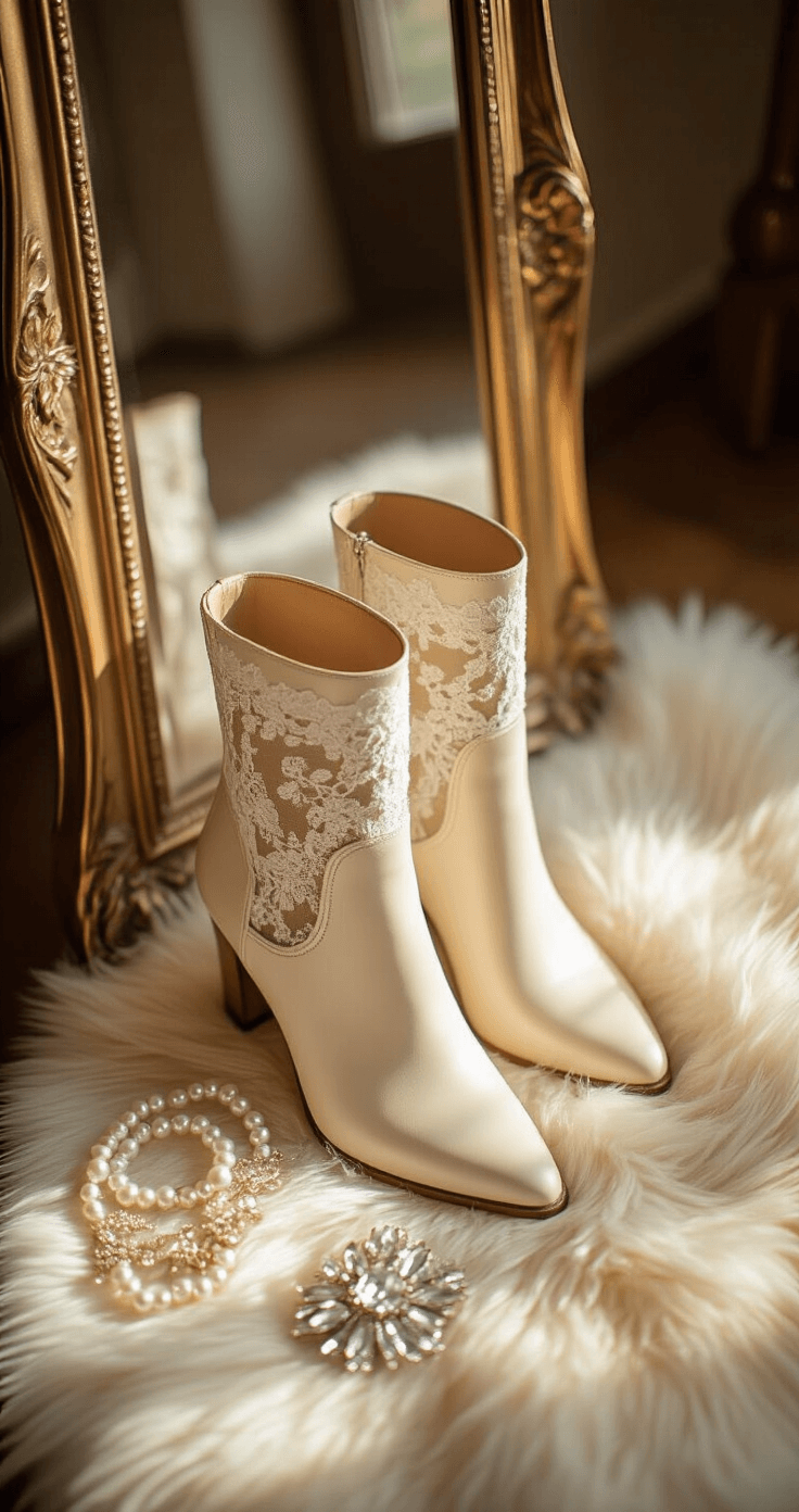 Winter Wedding Shoes: Your Complete Guide to Staying Stylish & Warm Close-up of elegant ivory leather ankle boots with lace overlay beside a vintage mirror, surrounded by pearl hairpieces and crystal accessories on a soft faux fur rug, illuminated by warm golden hour light.
