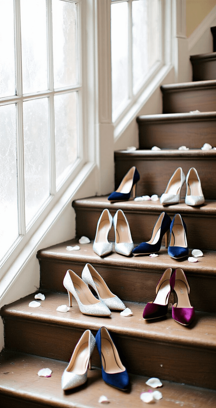 Winter Wedding Shoes: Your Complete Guide to Staying Stylish & Warm Historic winter wedding venue foyer with afternoon light filtering through frosted windows, featuring a collection of anti-slip wedding shoes on vintage wooden steps, including silver block heels, navy blue pumps, and burgundy velvet courts, surrounded by scattered rose petals and delicate snowflake decorations.