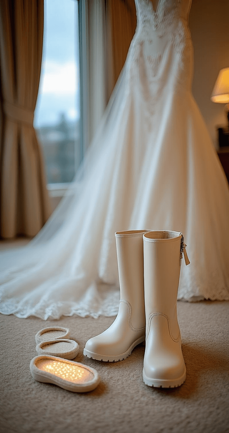 Winter Wedding Shoes: Your Complete Guide to Staying Stylish & Warm An elegant hotel suite during the blue hour, showcasing a bride's getting-ready scene with waterproof ivory wedding boots featuring hidden warming features, thermal insoles, and comfort accessories displayed beside an intricately hung wedding dress. The low-angle shot highlights the boot details against a plush carpet, with soft bokeh in the background.