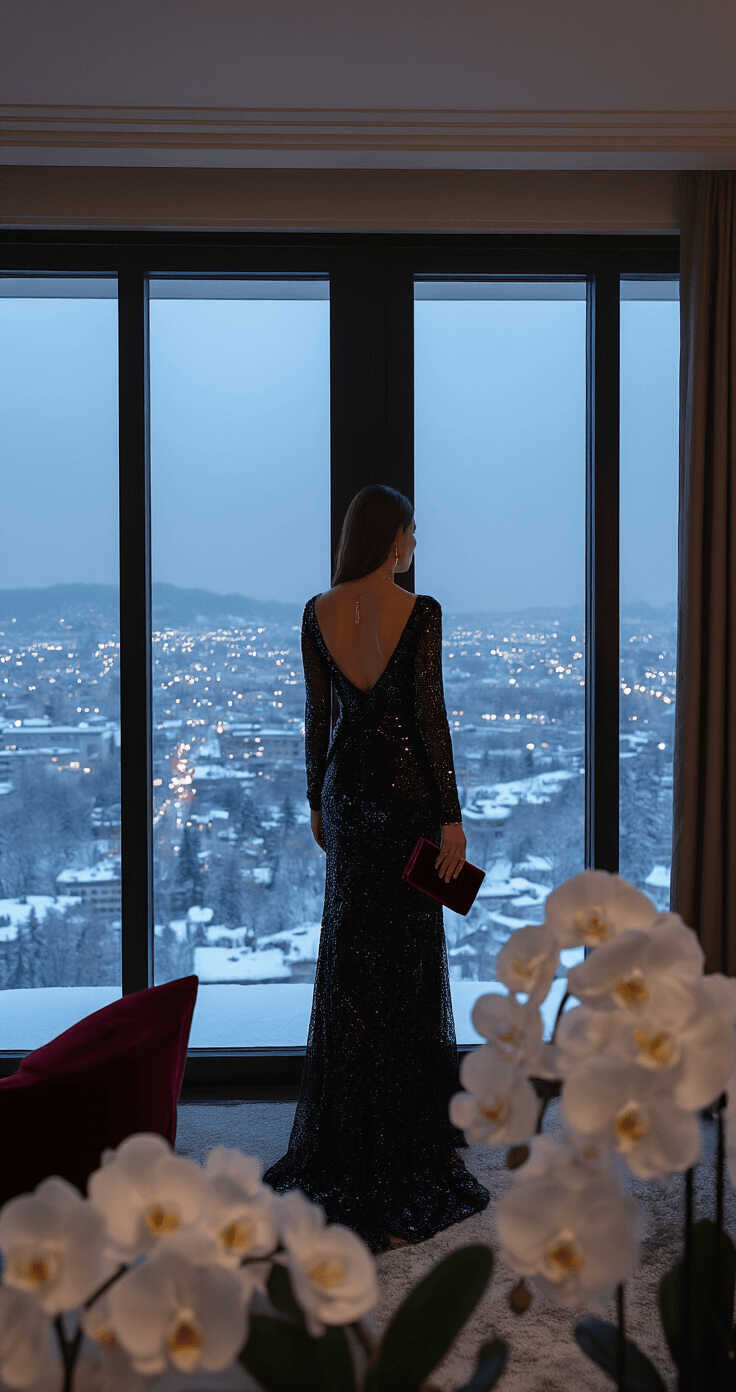 Long Sleeve Winter Wedding Guest Dresses: Your Complete Style Guide for 2024 A woman in a black sequined maxi dress stands by floor-to-ceiling windows in a luxurious hotel suite, overlooking a snow-dusted cityscape at dusk. She wears burgundy velvet pumps and a matching velvet clutch, accessorized with rose gold jewelry. The scene is framed by modern luxury furniture and white orchids, highlighting the sparkle of the dress in the evening light.