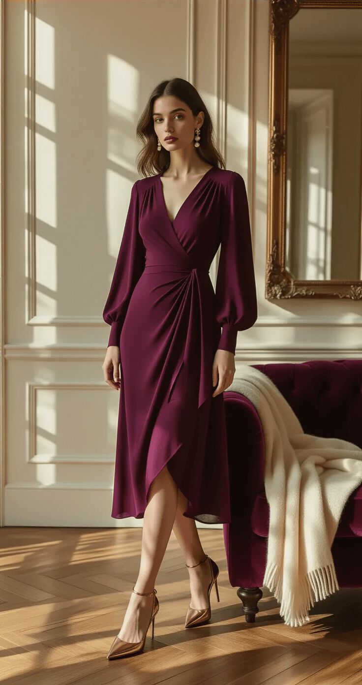 Long Sleeve Winter Wedding Guest Dresses: Your Complete Style Guide for 2024 A sophisticated living room with herringbone wooden floors and vintage mirrors, featuring a woman in a plum-colored midi wrap dress with pleating and balloon sleeves, bronze metallic heels, and pearl drop earrings, adjusting her outfit in the late afternoon light. A cream cashmere wrap drapes over a velvet armchair, highlighting rich textures and dramatic shadows.