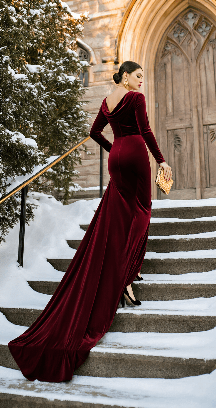 Long Sleeve Winter Wedding Guest Dresses: Your Complete Style Guide for 2024 A woman in a burgundy velvet gown ascends snow-covered steps of a historic chapel at golden hour, showcasing her black suede block-heel pumps, gold geometric clutch, and statement earrings against a backdrop of winter greenery and stone architecture.