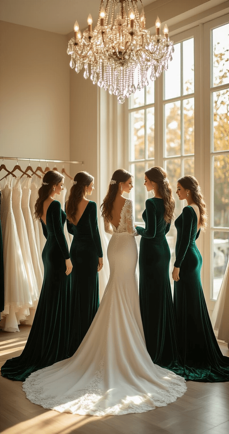 WINTER BRIDESMAID DRESSES: YOUR COMPLETE GUIDE TO COLD-WEATHER WEDDING STYLE A sunlit bridal boutique interior with a bride and her bridesmaids trying on luxurious velvet gowns in deep emerald and sapphire, featuring long sleeves and high necklines. A crystal chandelier casts shimmering reflections on the fabric as golden afternoon light streams through floor-to-ceiling windows.