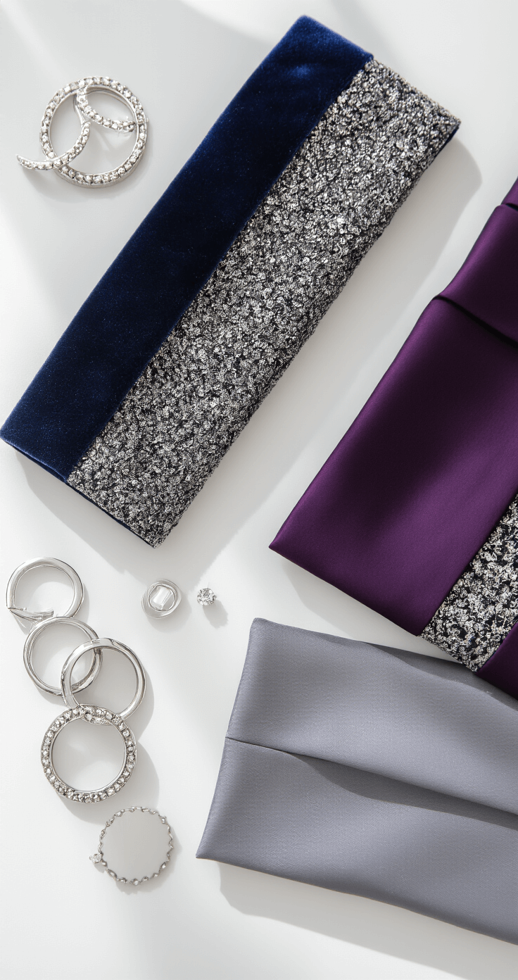 WINTER BRIDESMAID DRESSES: YOUR COMPLETE GUIDE TO COLD-WEATHER WEDDING STYLE Close-up detail shot of bridesmaid dress fabrics including metallic thread-embedded velvet, duchess satin, and structured crepe in navy, charcoal, and deep purple, arranged on a white styling table with silver accessories, captured in bright midday lighting.