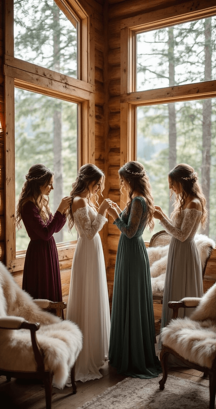 WINTER BRIDESMAID DRESSES: YOUR COMPLETE GUIDE TO COLD-WEATHER WEDDING STYLE A cozy cabin scene with morning light streaming through pine trees, featuring bridesmaids in jewel-toned long sleeve gowns assisting each other with gold jewelry. Plush fur wraps are draped over vintage chairs in the background, captured in a lifestyle documentary style with natural light.