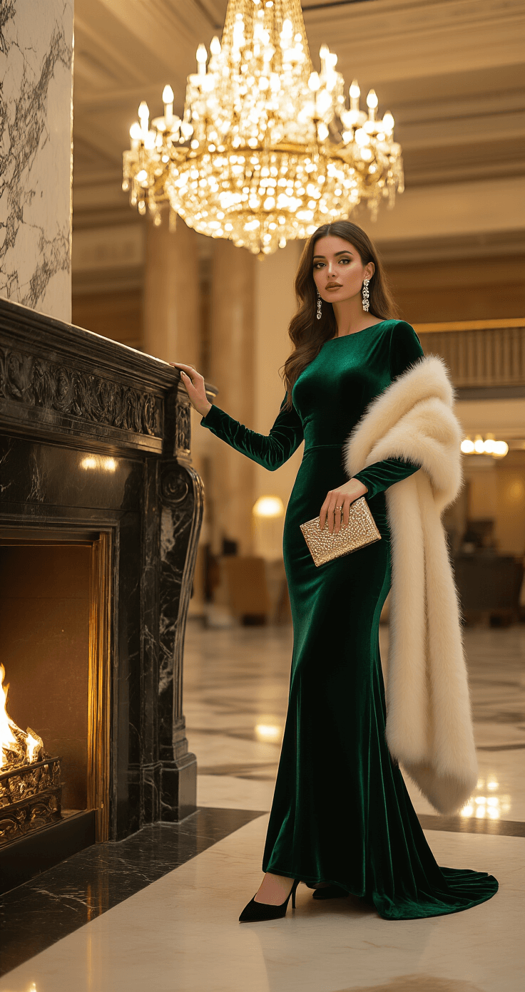 What to Wear to a Winter Black Tie Wedding: Your Complete Style Guide Elegant winter evening scene in a luxurious hotel lobby featuring a woman in a floor-length emerald velvet gown with long sleeves, near a grand marble fireplace. The warm glow of a golden chandelier highlights her rich dress texture, complete with crystal drop earrings and a metallic clutch. Black suede pointed-toe pumps are visible beneath the hem, and a cream faux fur wrap is draped over one shoulder. The image is captured from a low angle with soft depth of field.