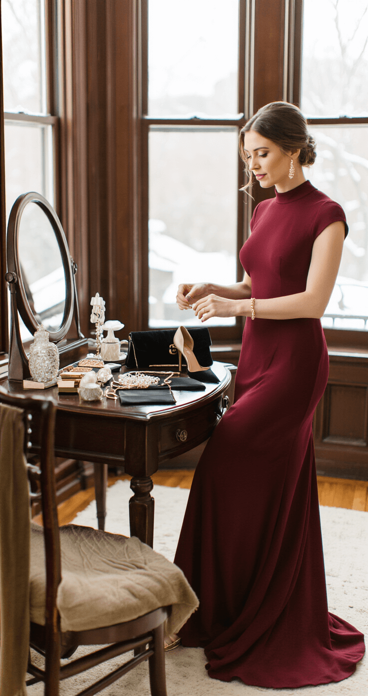What to Wear to a Winter Black Tie Wedding: Your Complete Style Guide An intimate scene in a classic brownstone bedroom with natural light highlighting a woman in a burgundy gown adjusting a gold bracelet at her vanity, surrounded by winter wedding accessories including pearl drop earrings and a black satin clutch.