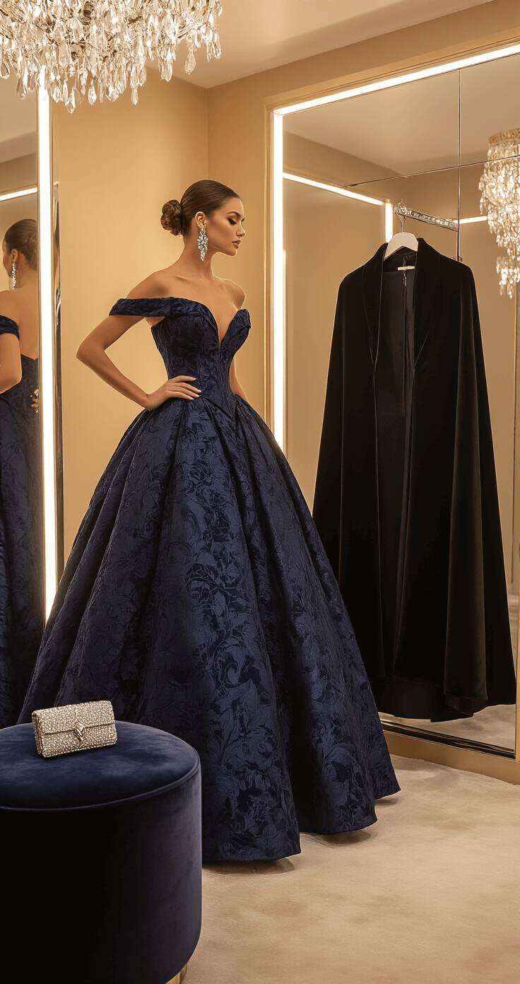 What to Wear to a Winter Black Tie Wedding: Your Complete Style Guide A woman in a navy brocade ballgown with structured bodice and full skirt examines herself in a sophisticated boutique dressing room, featuring floor-to-ceiling mirrors and warm overhead lighting. An elegant black wool cape hangs nearby, while crystal chandelier earrings and a silver art deco clutch are displayed on a velvet ottoman. The modern minimalist interior has champagne-colored walls.