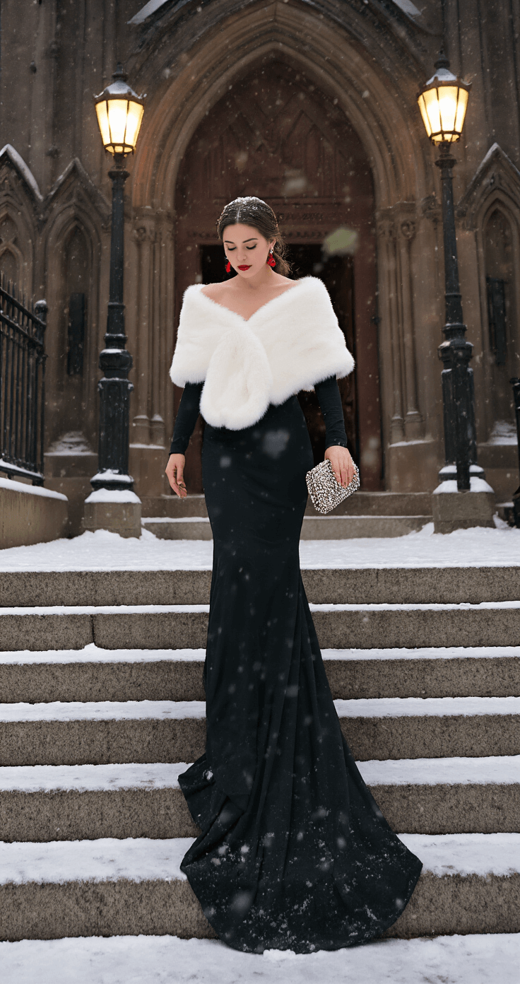 What to Wear to a Winter Black Tie Wedding: Your Complete Style Guide A woman in a black fitted crepe gown with long sleeves and a subtle train ascends the snow-covered steps of a historic church at twilight, wrapped in a dramatic white faux fur stole. She carries a beaded clutch, and her ruby drop earrings shimmer in the light of vintage street lamps. Black velvet block-heel pumps add elegance as fresh snow falls softly around her, captured from below to highlight the church’s architecture.