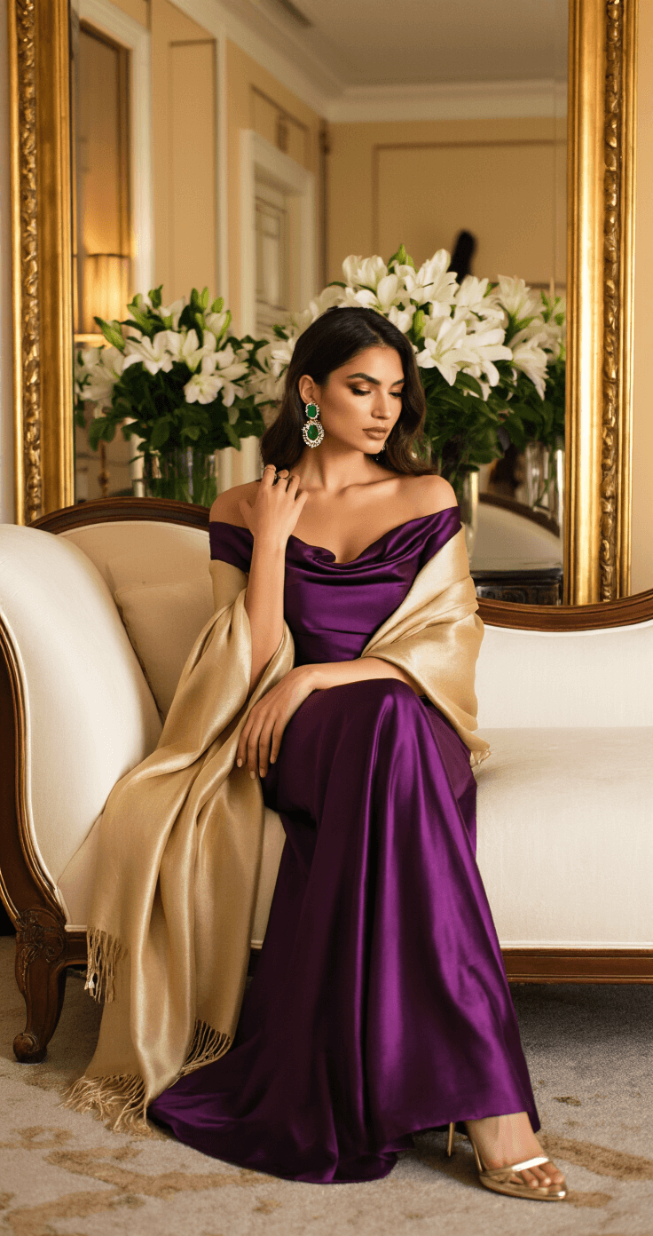 What to Wear to a Winter Black Tie Wedding: Your Complete Style Guide A woman in a deep purple satin gown drapes a champagne-colored pashmina shawl over her shoulders while seated on a cream chaise lounge in a luxury hotel suite, illuminated by golden hour light. She wears emerald statement earrings and metallic heels, with a vintage mirror and fresh white flowers visible in the background.