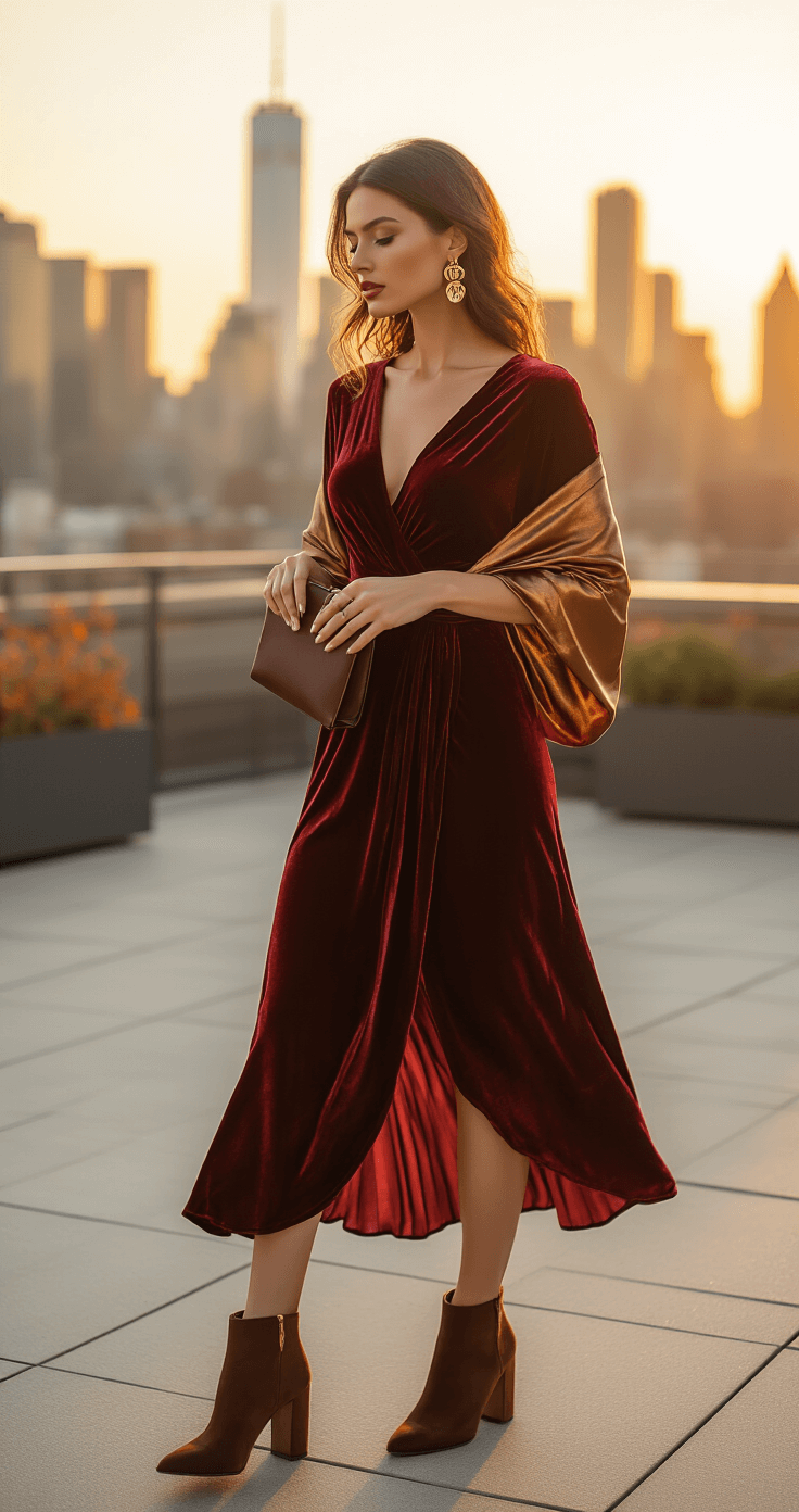 What to Wear to an October Wedding: Your Ultimate Guest Style A model in a burgundy velvet midi dress and metallic bronze wrap adjusts her outfit on a sunlit urban rooftop terrace during golden hour, with autumn-tinted skyscrapers in the background.