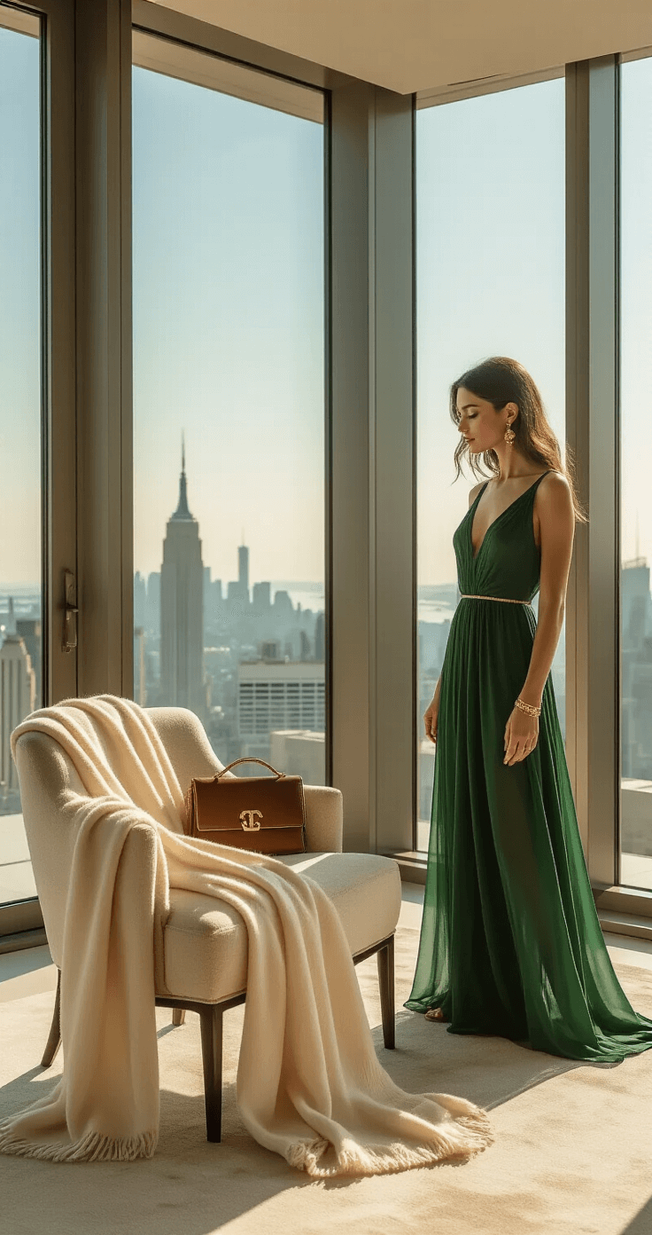 What to Wear to an October Wedding: Your Ultimate Guest Style A woman in a forest green chiffon maxi dress examines her reflection in a minimalist penthouse with floor-to-ceiling windows. A cream cashmere wrap rests on a chair, and gold-toned jewelry and a vintage burnished bronze clutch enhance her elegant look, highlighting the interplay of light with the flowing fabric.