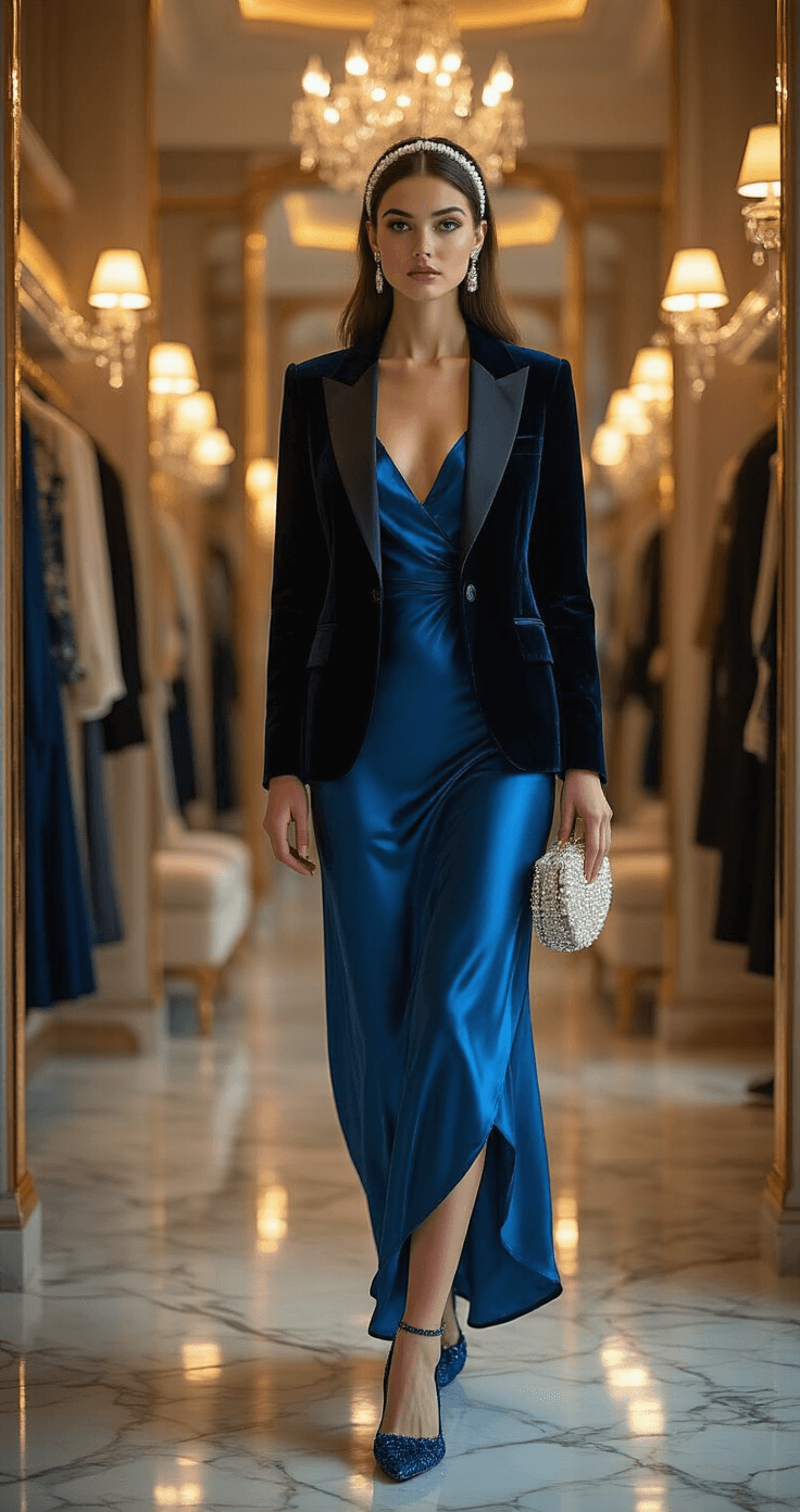 What to Wear to an October Wedding: Your Complete Style for Fall Wedding Season A model in a sapphire blue silk slip dress and fitted black blazer poses in a luxurious boutique dressing room, showcasing crushed velvet shoes, a pearl-embellished headband, and a vintage crystal clutch, with marble flooring and ambient lighting creating a sophisticated atmosphere.