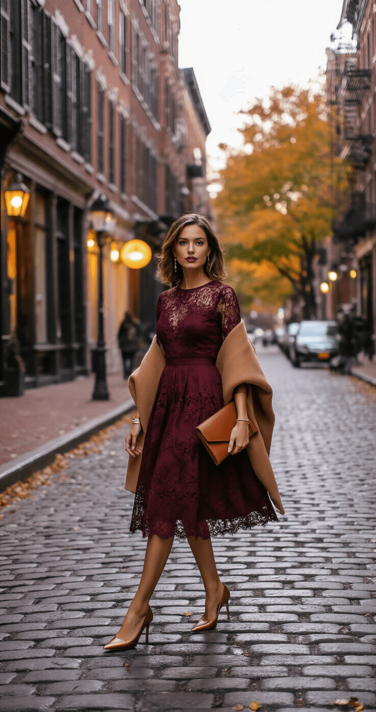 What to Wear to an October Wedding: Your Complete Style for Fall Wedding Season A model in a burgundy tea-length dress with lace overlay crosses a cobblestone street in a historic district at dusk, surrounded by trees in fall colors. She wears pointed-toe bronze heels and carries a matching leather clutch, complemented by a camel-colored wool wrap. The scene captures the warm glow of storefronts and natural street lighting, with a focus on movement and city ambiance.