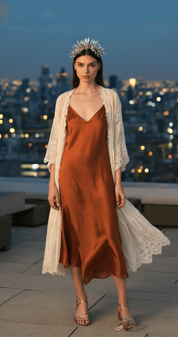 What to Wear to an October Wedding: Your Complete Style for Fall Wedding Season A model in a rust-colored silk charmeuse slip dress and cream lace duster lounges on a modern rooftop at twilight, surrounded by twinkling city lights. She wears strappy gold sandals and a vintage crystal headpiece, captured in a dreamy bokeh effect with an 85mm lens at f/1.4.