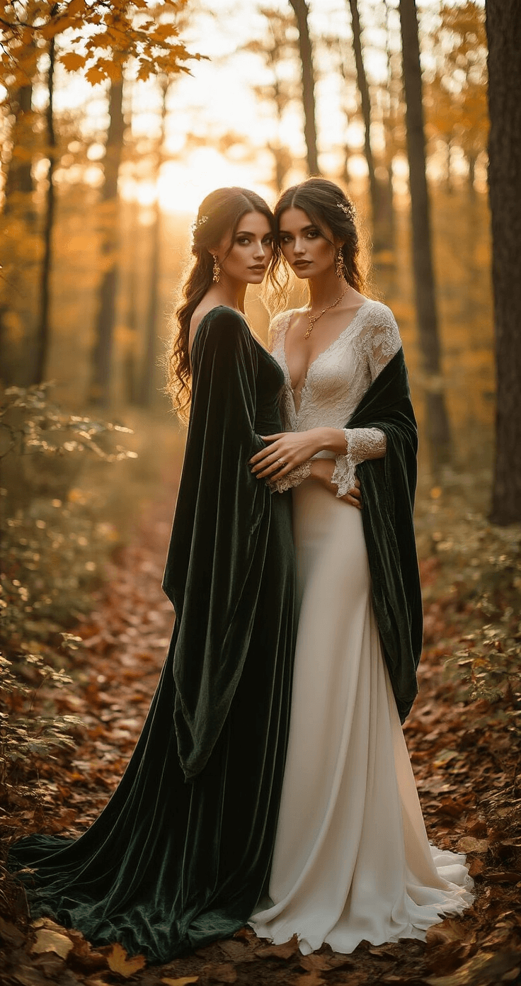 October Wedding Dresses: Your Complete Ethereal forest wedding scene at dusk featuring a bride in a heavy crepe gown with earth tone undertones and a deep forest green velvet wrap, adorned with gold jewelry, surrounded by autumn leaves and soft, natural backlighting.