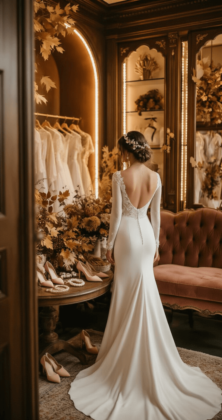October Wedding Dresses: Your Complete A bride in a cozy autumn bridal boutique corner tries on a fitted ivory crepe gown with long sleeves and velvet ribbon details, surrounded by golden leaf hair pieces, pearl-dropped jewelry, and blush velvet shoes, all in a warmly lit, intimate setting.